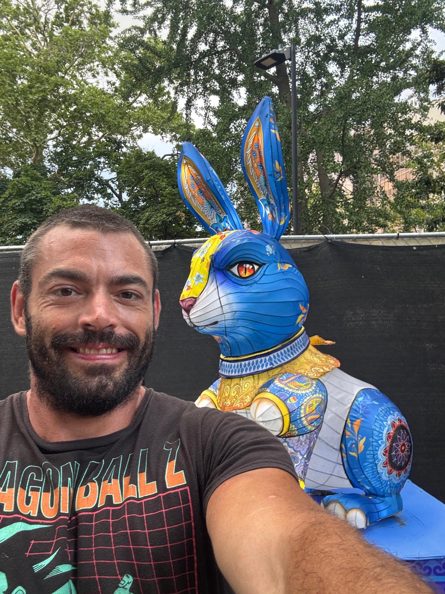Solo selfie: Dragon Ball Z shirt, smiling, outdoor with painted rabbit sculpture