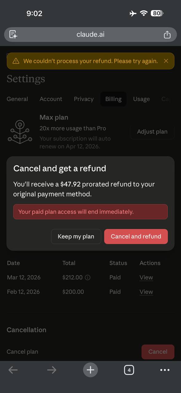 Claude.ai billing settings showing failed refund attempt