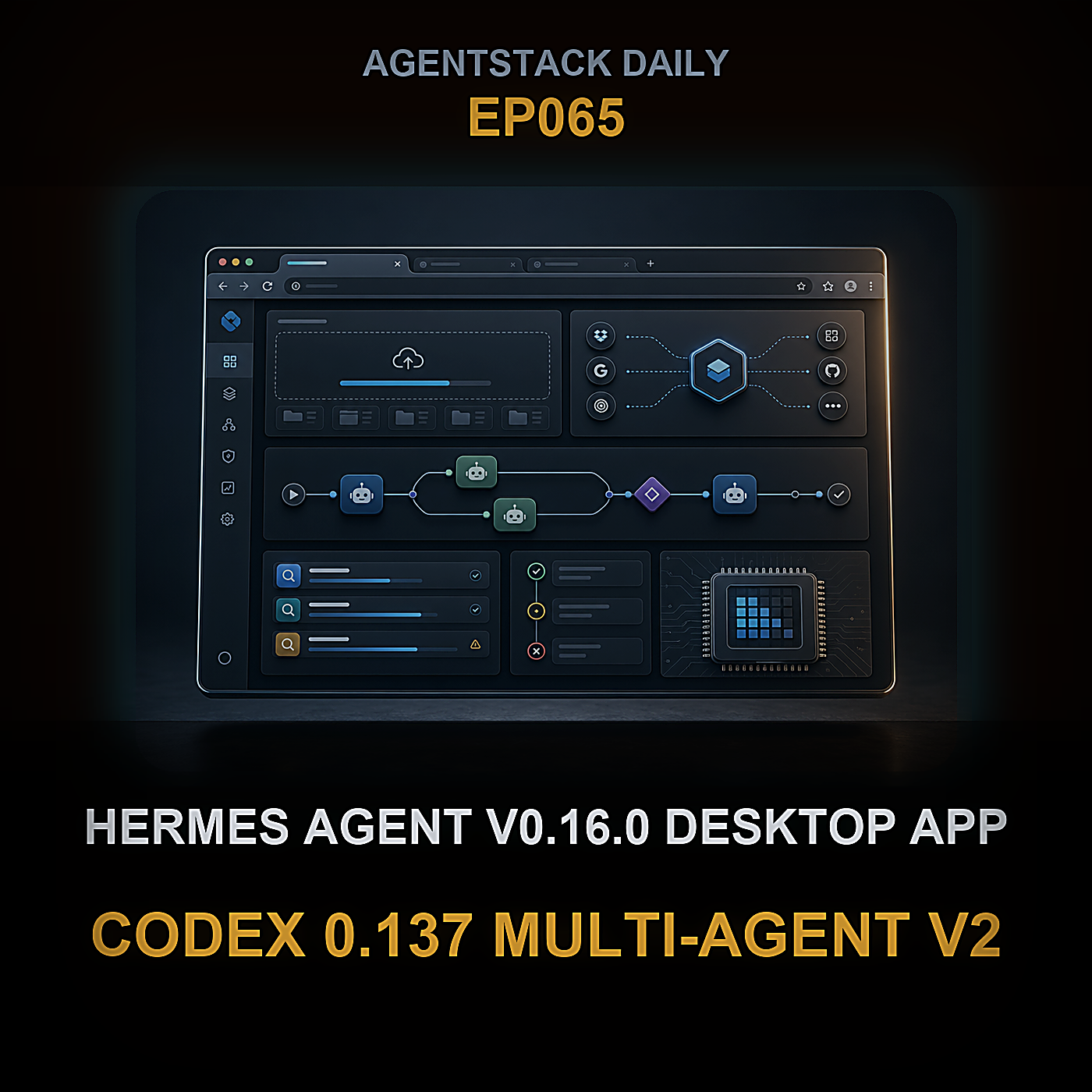 Hermes Agent v0.16.0 Desktop App, Codex 0.137 Multi-Agent v2, Claude Code Fallback Models, and Gemma 4 12B on the Local Stack — Episode 65 cover art