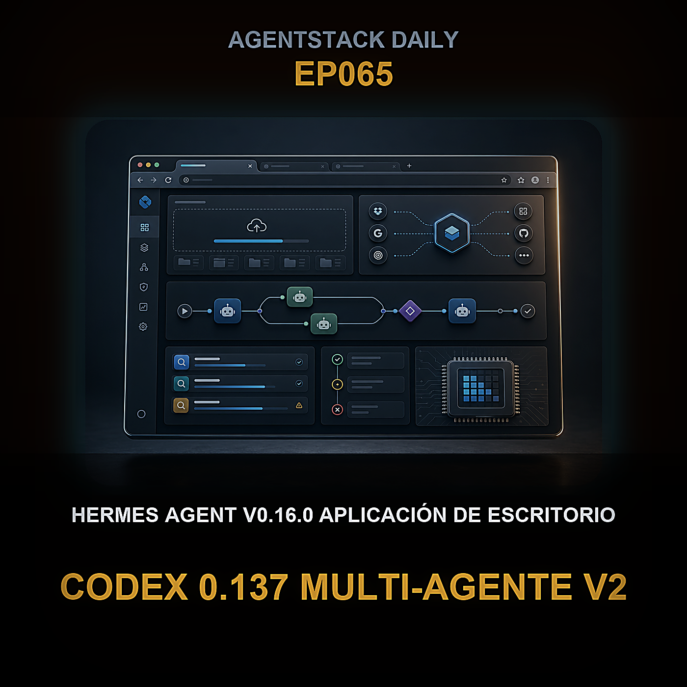 Hermes Agent v0.16.0 Aplicación de Escritorio, Codex 0.137 Multi-Agente v2, Modelos de Respaldo de Claude Code y Gemma 4 12B en la Stack Local — Episode 65 cover art