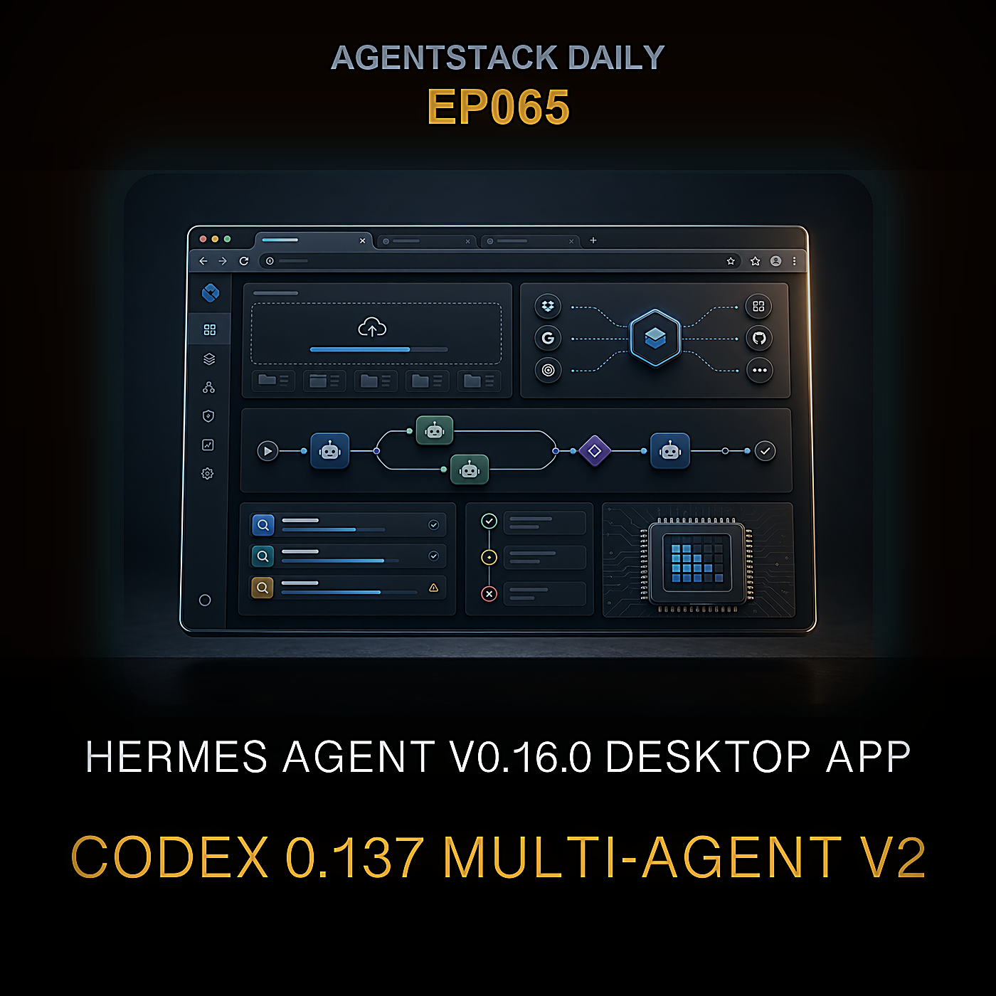 Hermes Agent v0.16.0 Desktop App, Codex 0.137 Multi-Agent v2, Claude Code Fallback Models, और Gemma 4 12B लोकल स्टैक पर — Episode 65 cover art