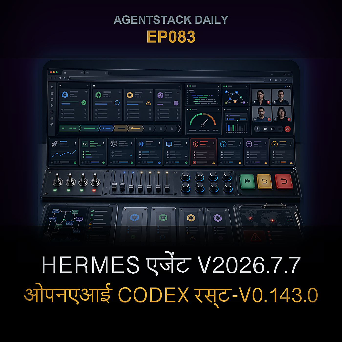 Hermes एजेंट v2026.7.7, ओपनएआई Codex rust-v0.143.0, Claude Code 2.1.197, एआईओन-3.0-छोटा — Episode 83 cover art