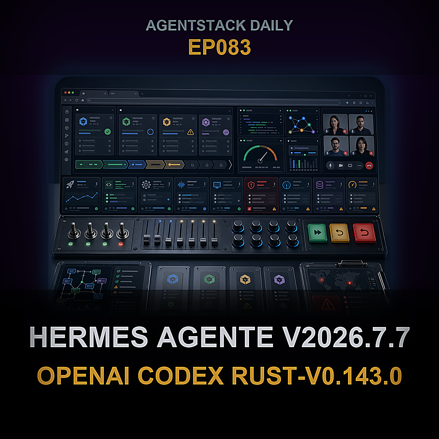 Hermes Agente v2026.7.7, OpenAI Codex rust-v0.143.0, Claude Code 2.1.197, Aion-3.0-Mini — Episode 83 cover art