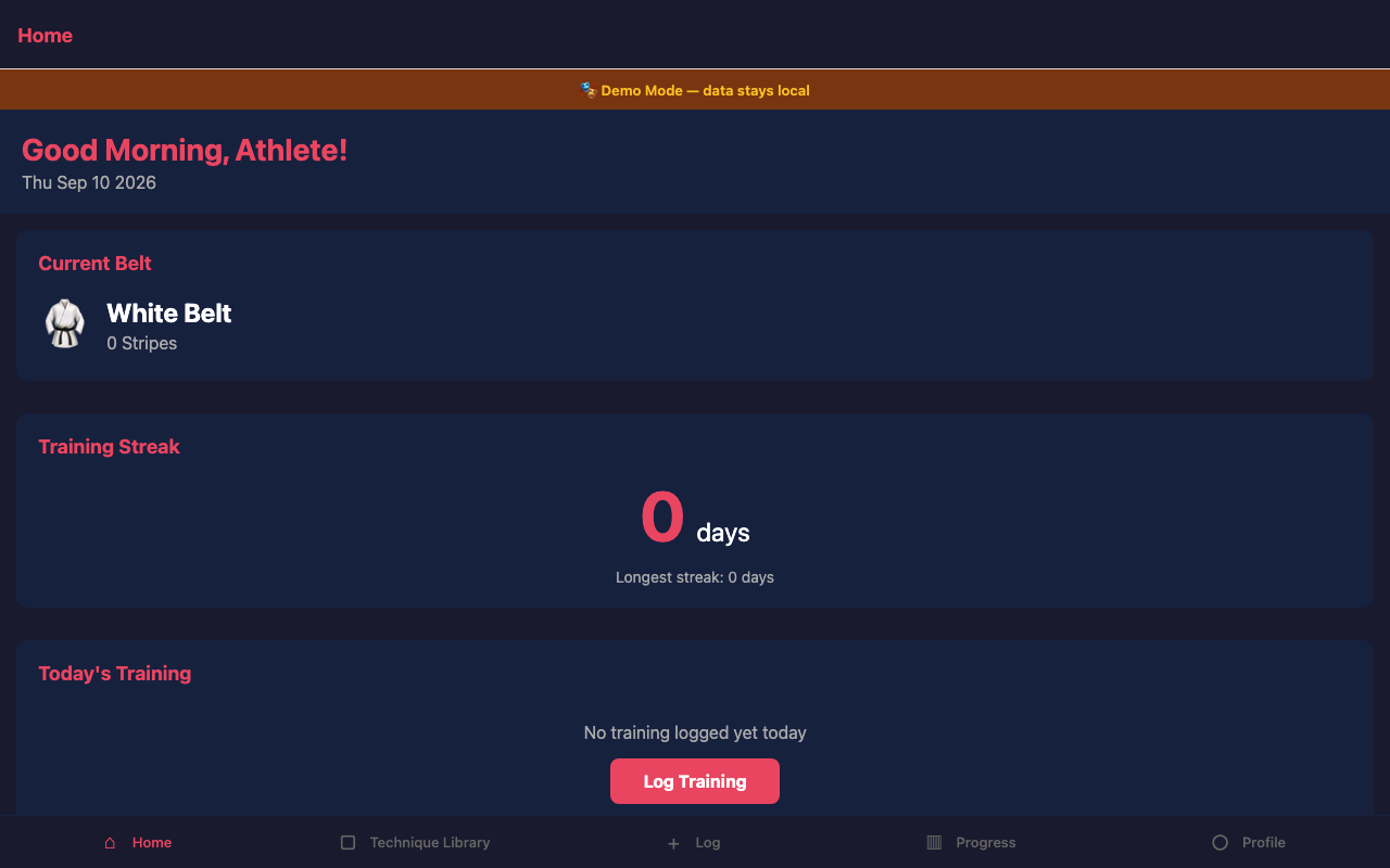 BJJ Buddy training dashboard showing White Belt progress and training streaks