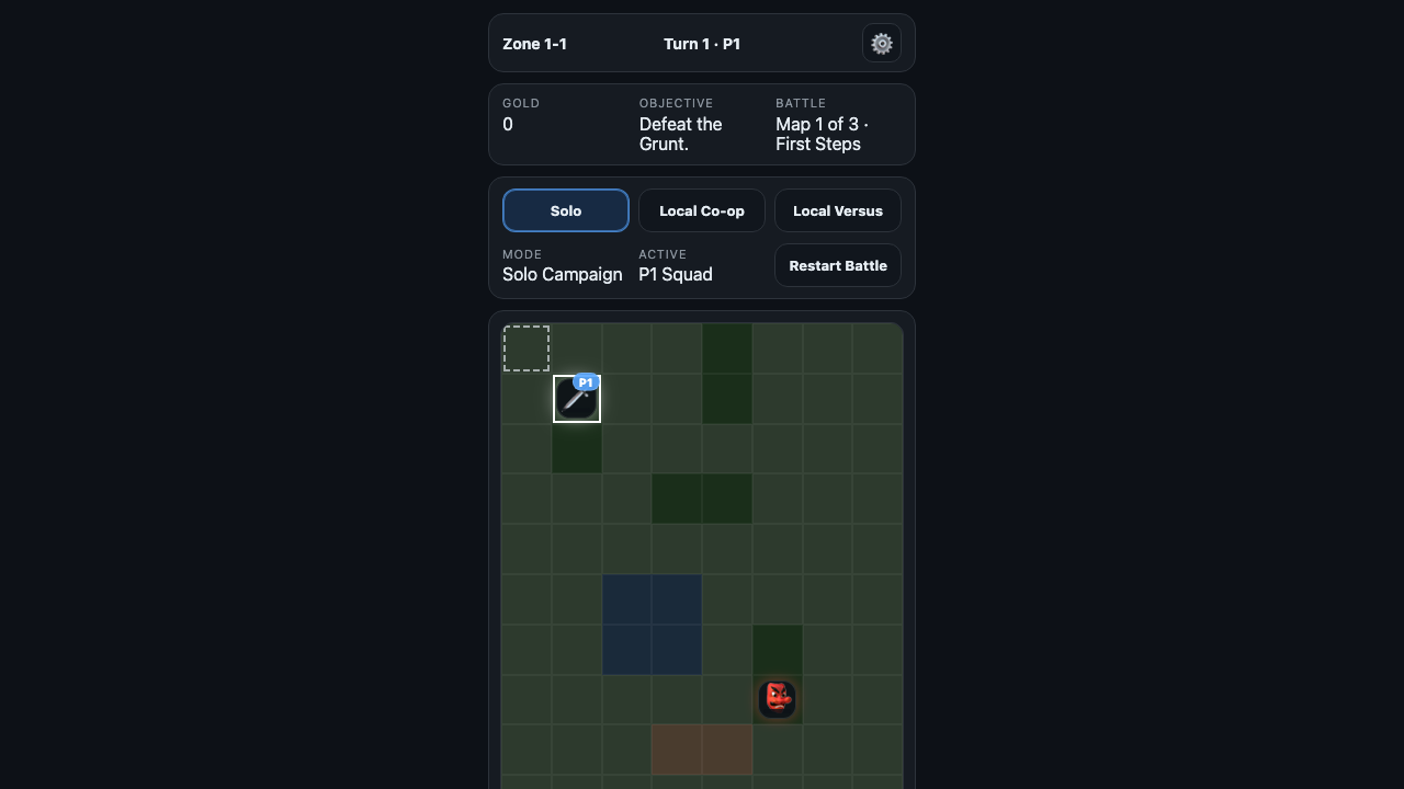 Gridbound Realms tactical grid battlefield and turn controls
