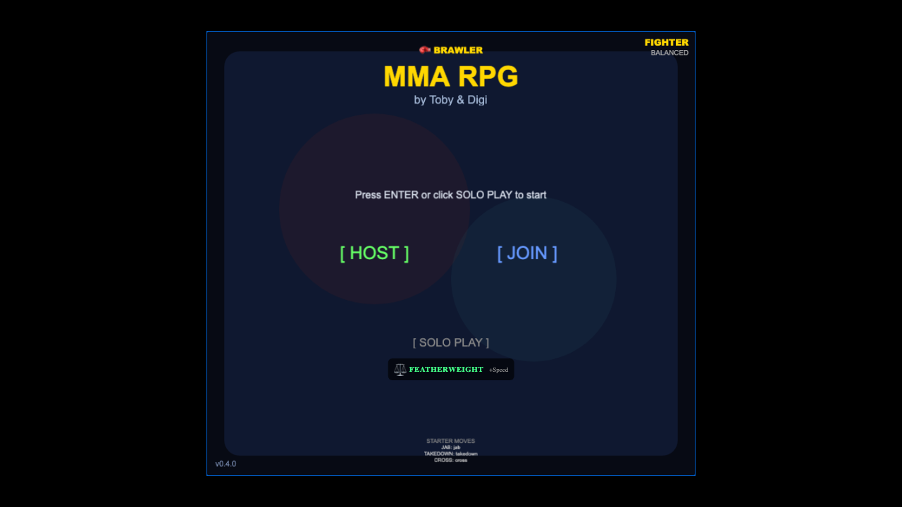MMA RPG title screen and fighter archetype selection