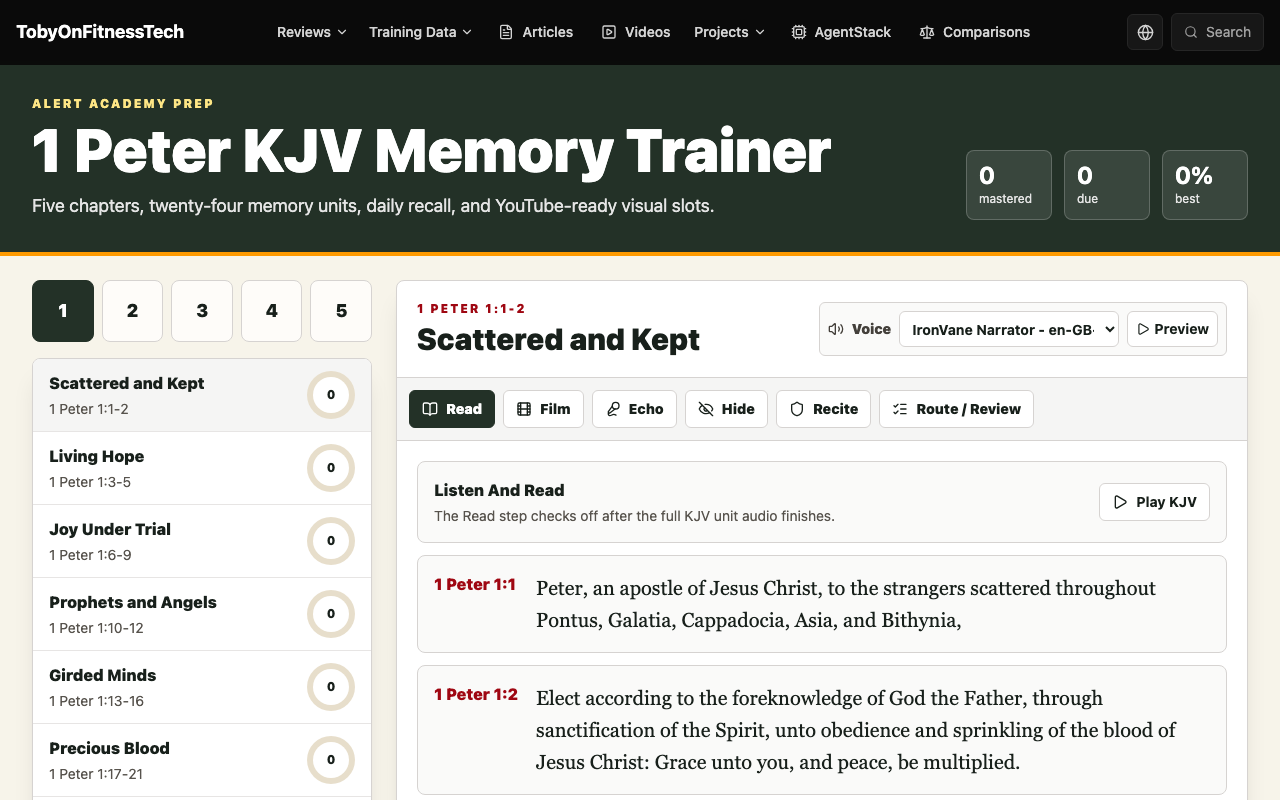 1 Peter Memory Trainer interface with chapter navigation and neural audio narrators