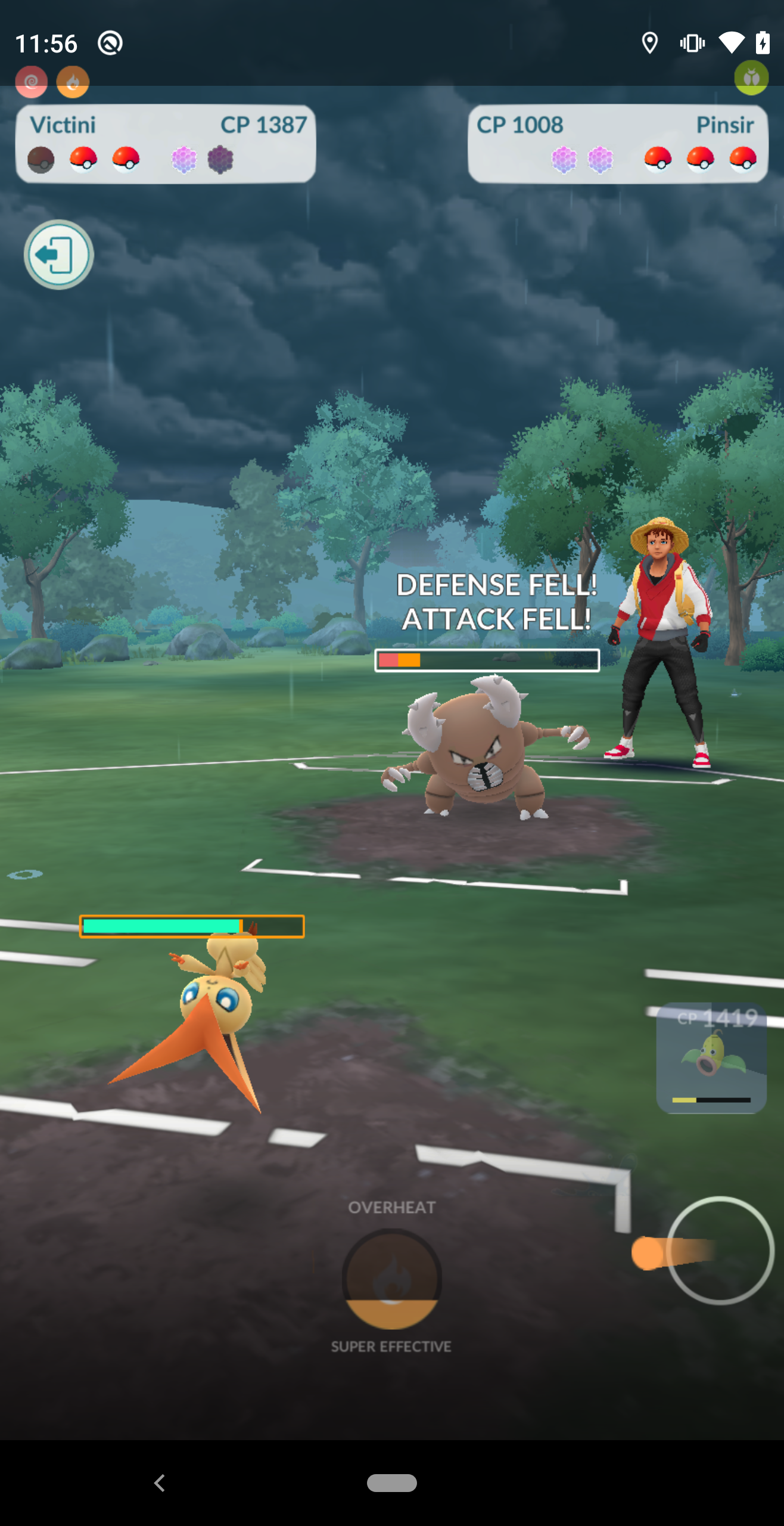 Charged move execution with combat feedback and stat debuff detection